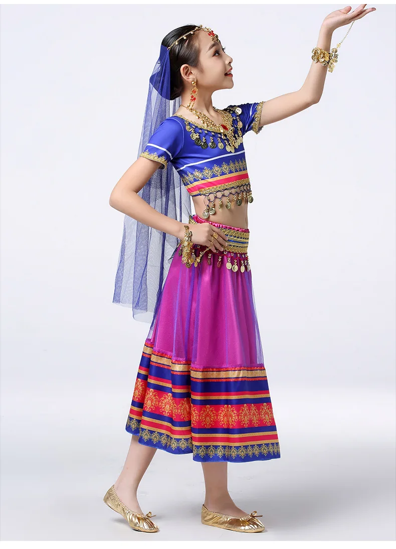 Детская одежда для детей, индийское сари, костюм Болливуд для танца живота с ручной вышивкой, комплект из 5 предметов (топ + пояс + юбка + вуаль
