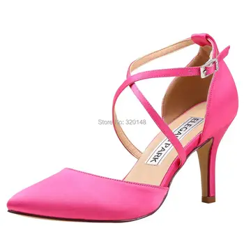

Hot Pink Women Pumps High Heels Shoes Cross Strap Pointed Toe Wedding Bridal Shoes Satin Ladies Prom Party Dress Pumps HC1901