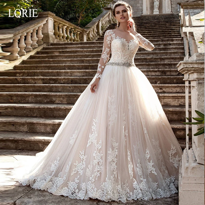 

LORIE Ball Bown Wedding Dress Lace Appliques with Tulle Sashes Beading Wedding Gown Long Sleeve Vestido De Noiva