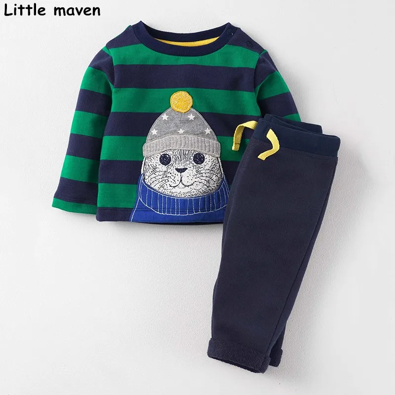 

Little maven children's clothing sets 2018 new autumn boys Cotton brand long sleeve stripped cat t shirt + solid pants 20136