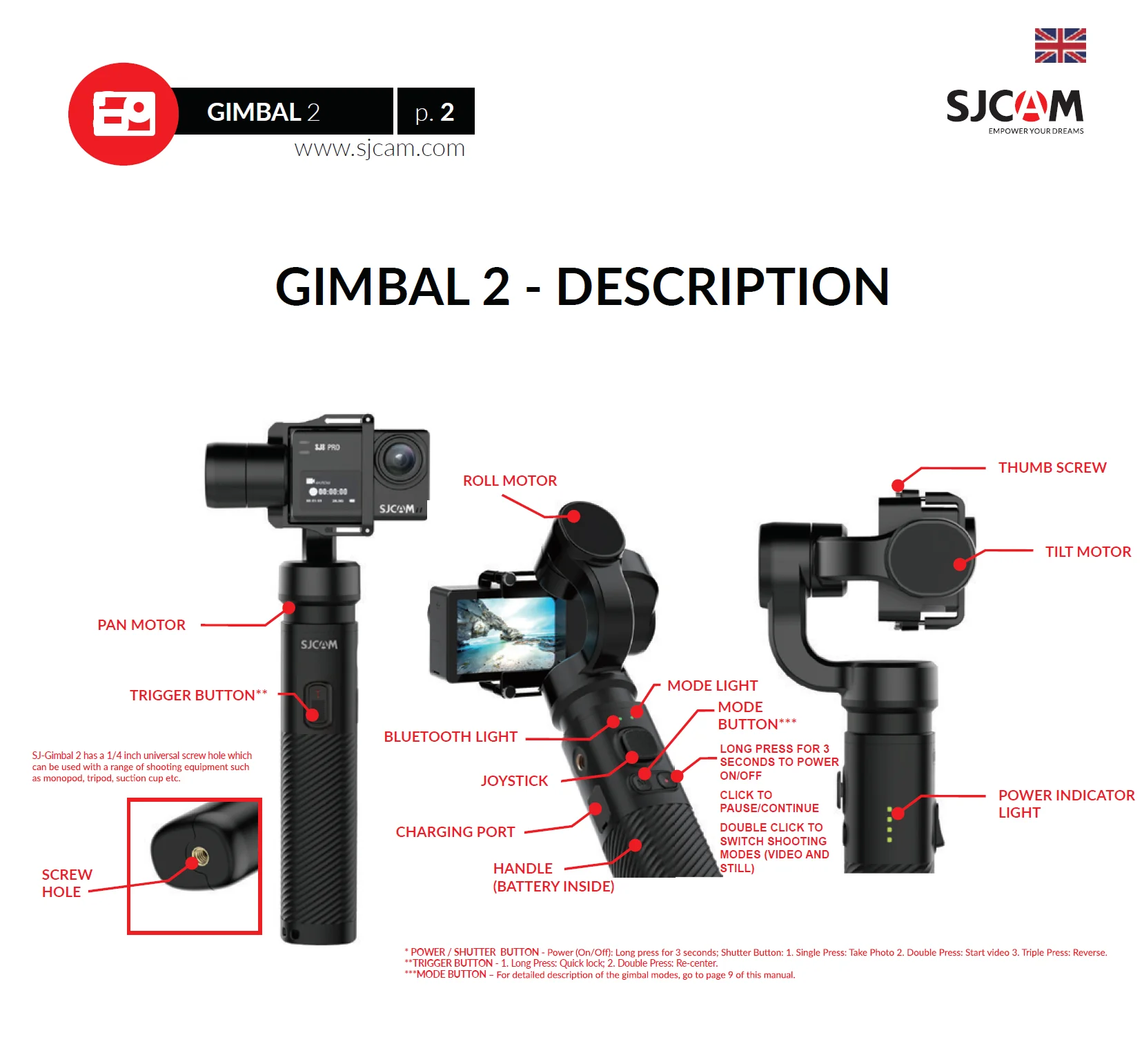 SJCAM Gimbal-2 Новая версия ручной карданный 3-осевой Ручной Стабилизатор для спортивной экшн-камеры SJCAM SJ5000x SJ6 SJ7 SJ8 серии экшн-камеры DV