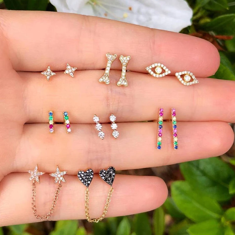 14 Pcs/Set Boho Crystal Chain Earrings Female Party Earring Fashion Heart Love Star Bones Eyes Stud Set | Украшения и аксессуары