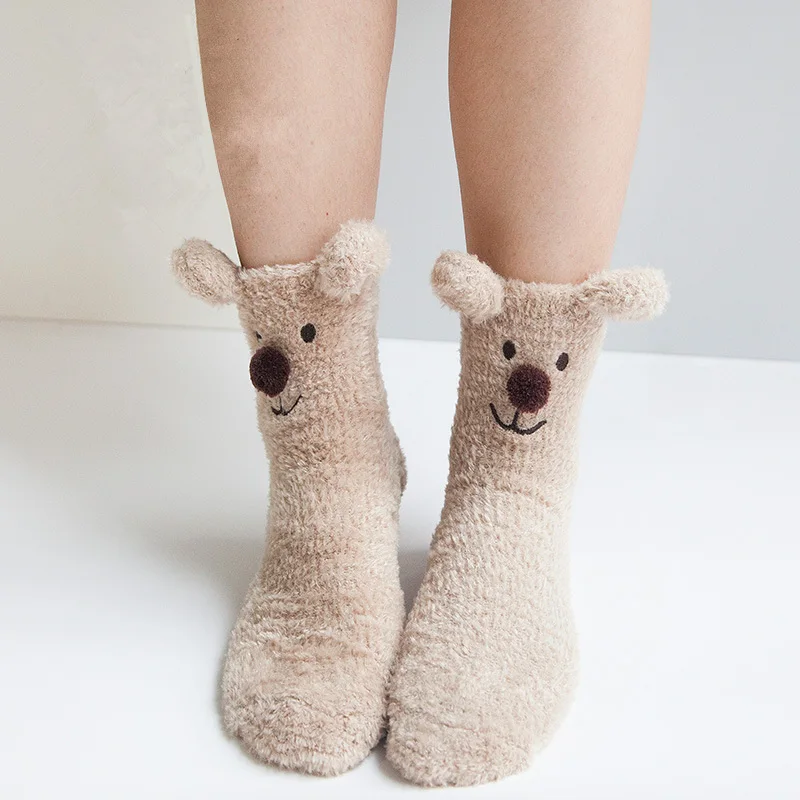 Home Women Girls Warm Soft Bed Floor Socks Cute Animals Rabbit / Bear / Elk Thicken Velvet Socks for Winter Indoor Female Sokken