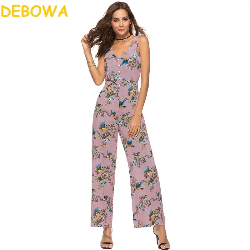 

Debowa 2018 New Fashion Summer Long Playsuits Sexy Backless V-neck Jumpsuit Cotton Floral Bird Striped Pants