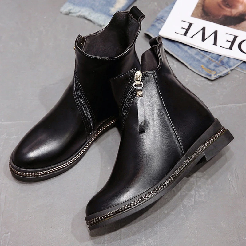 

Moxxy Autumn Winter Martin Boots Zip Metal Flats Leather Shoes Woman Boots Women Rubber Low heels Women Casual Shoes Botas Mujer