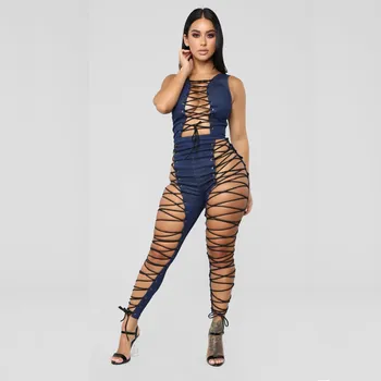 

2019 Women Lace Up Sleeveless Jumpsuit Sexy Hollow Out Playsuit Streetwear Skinny Patchwork Overalls