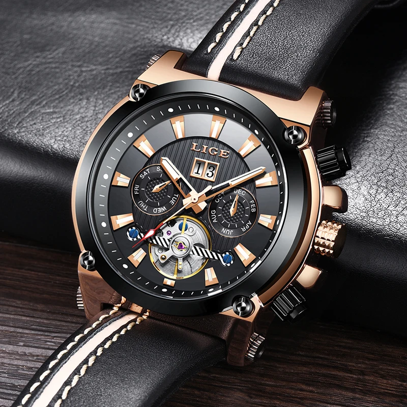 

LIGE New Men's Watch Top Brand Luxury Military Sport Watches Men Leather Waterproof Automatic Watch Tourbillon Relogio Masculino