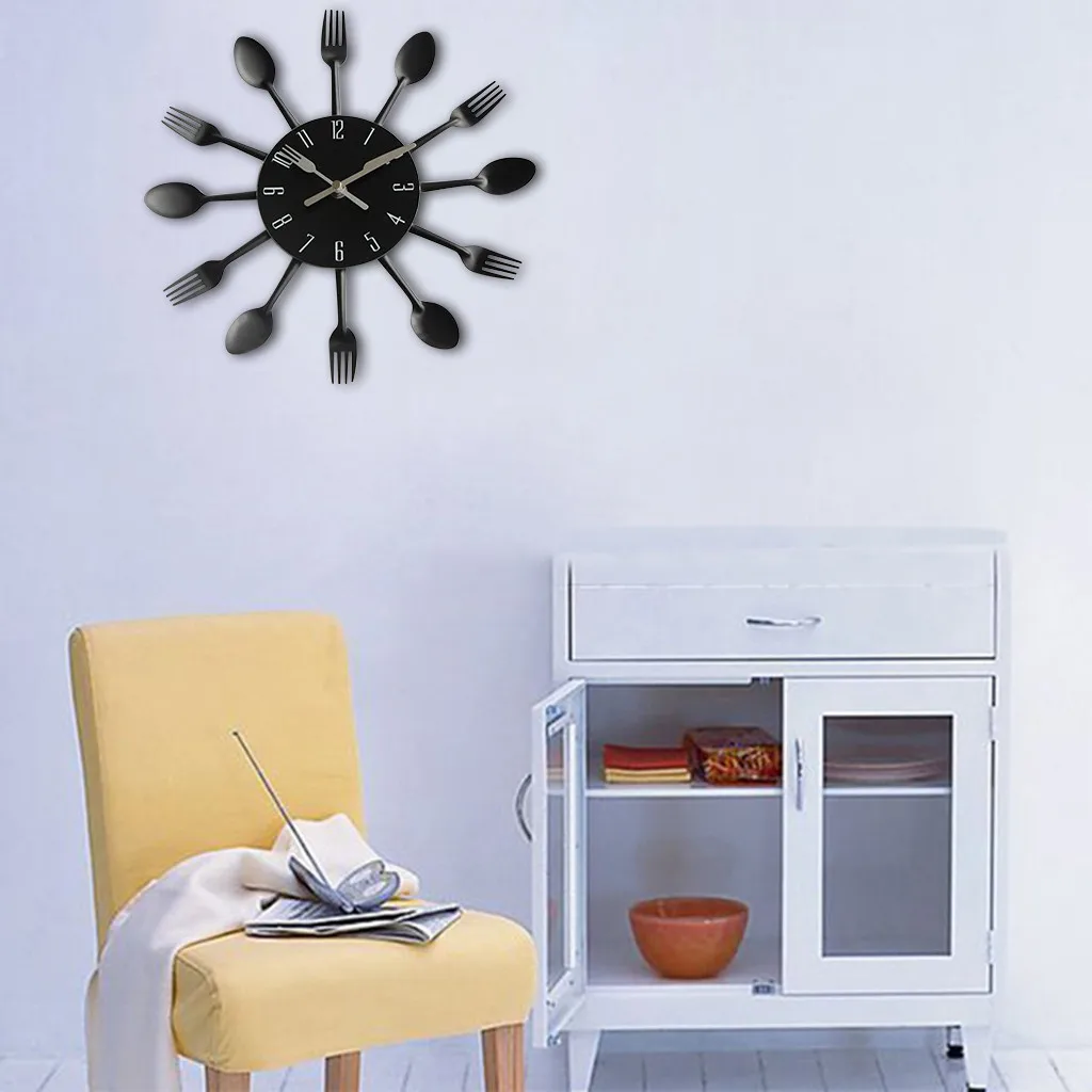 Черные Кухонные настенные часы современный дизайн Серебристые столовые приборы кухонная посуда настенная ложка с часами Вилка Часы FS28