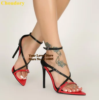 

Choudory High End Neon Yellow Red Color Patchwork High Heel Sandals Pointed Toe Cross Strappy Buckle Dress Shoes Gladiator Pumps