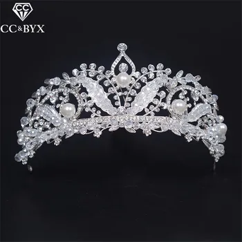 

CC big tiaras and crowns baroque style cz pearl engagement wedding hair accessories for bride jewelry luxury crystal beads HG588