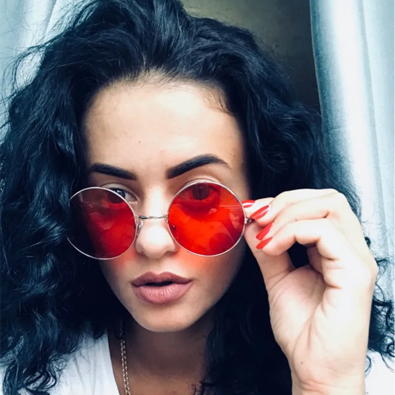 

Vintage Round Sunglasses Women Big Red Lens Mirror Sunglasses Female Brand Design Metal Frame Circle Glasses Oculos UV400