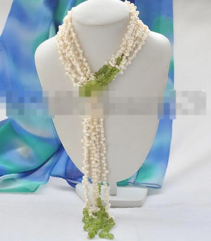 

3866 3Strds WHITE RICE WHITEWATER PEARL GREEN OLIVINE NECKLACE