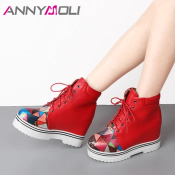 

ANNYMOLI Winter Platform Wedge Lace Up Boots Ankle Boots Women Mixed Colors Short Boots Ladies Autumn Shoes Red Black Size 42 43