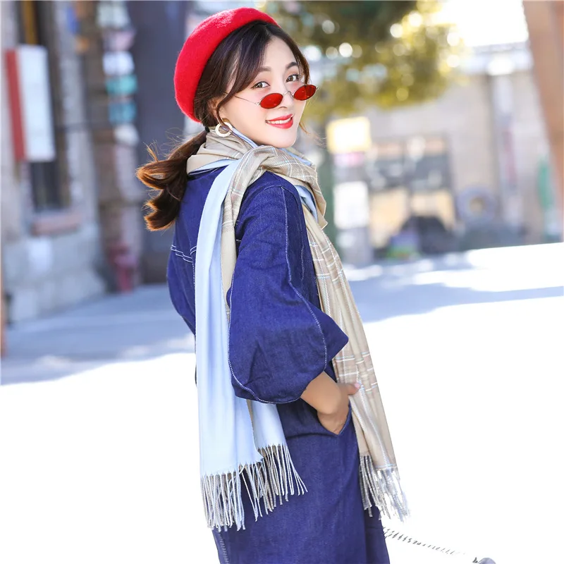 LaMaxPa Модный зимний теплый клетчатый шарф для женщин/леди двухсторонняя шерстяная кашемировая шаль длинный кашемировый женский шарф накидка