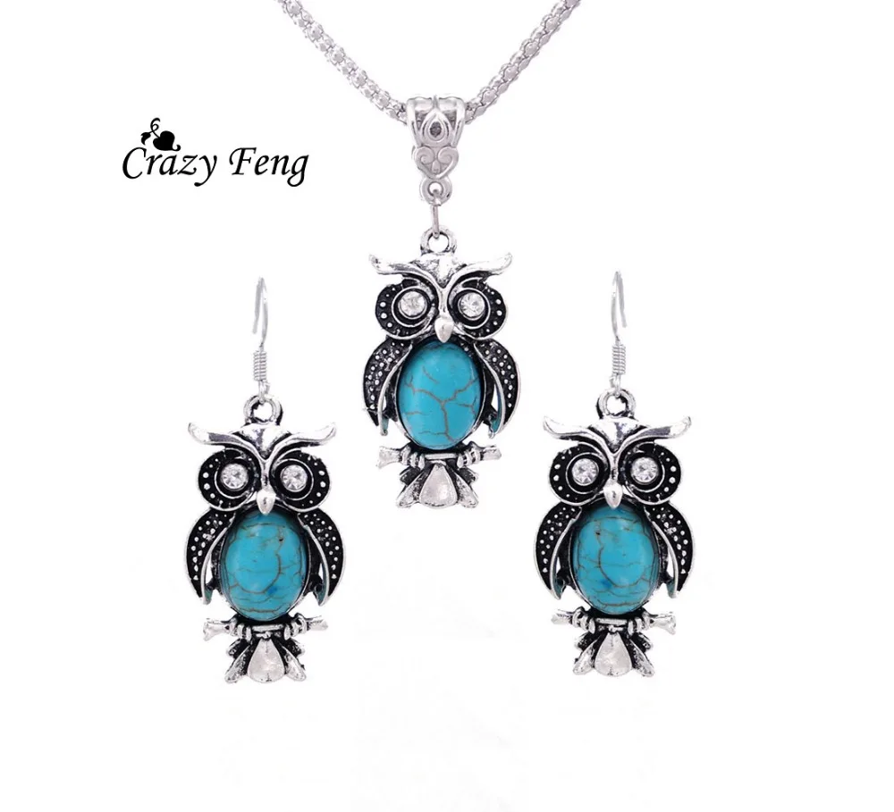 

Hot Sales Wedding Silver-color Stone Stone Vintage Antique Owl Design Earrings Necklace Jewelry Sets Party For Women Gift