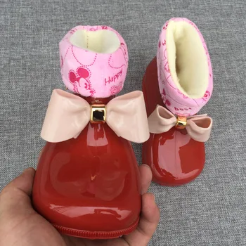 

new crystal jelly bow plus cashmere thickening warm cotton rain boots non-slip wearable water boots snow boots