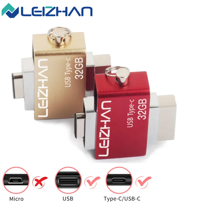 LEIZHAN Metal USB C Flash Drive 64 gb TYPE-C Pendrive 3.0 Fast Speed 32GB Pen 16GB for Samsung Galaxy S9 Huawei P30 20 | Компьютеры и