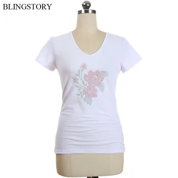 

BLINGSTORY Diamond Flower Plus Size Women Summer T Shirt Cotton Short Sleeve Female V-neck Basic Top