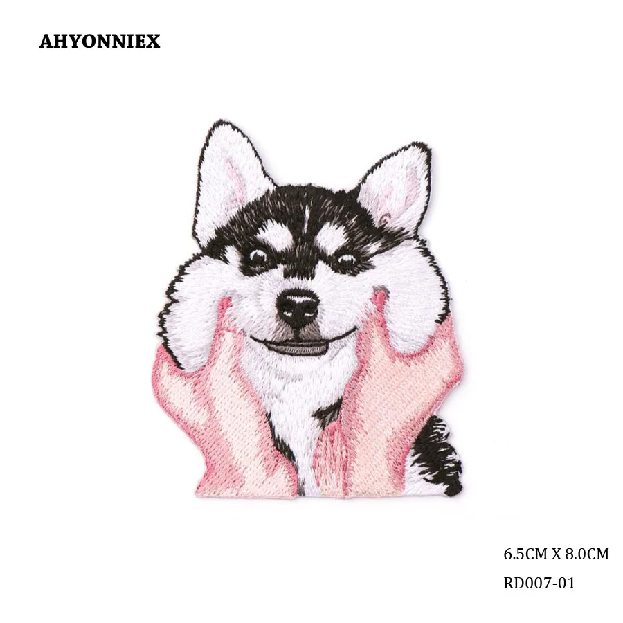 RD007-1 AHYONNIEX/1 шт.; нашивки для собак Хаски; нашивки для животных с вышивкой; ремонтные наклейки; куртка; джинсы; Милые нашивки с железом для детской одежды; аппликация - Цвет: RD007-1
