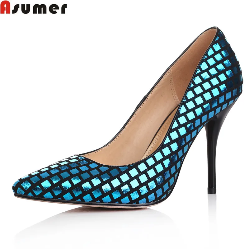 

Asumer fashion glitter party shoes woman high quality genuine leather women pumps thin heels pointed toe slip-on big size 33-40