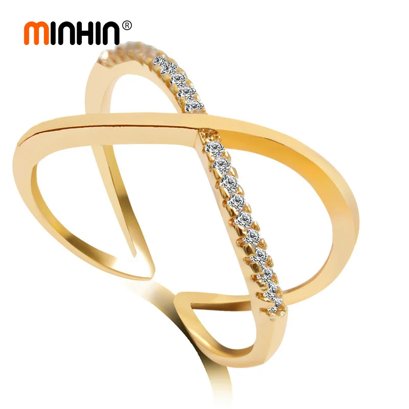 

MINHIN Silver/Gold /Rose Gold Colors Cross Design Brand Wedding Ring Shinning Rhinestone Open Ring Wholesale Finger Rings