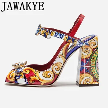 

2019 Bohemian Sandals Tribal Printing Fashion Color Gladiator Shoes Crystal Buckle Strap Block Heel Summer Vacation Shoes Women