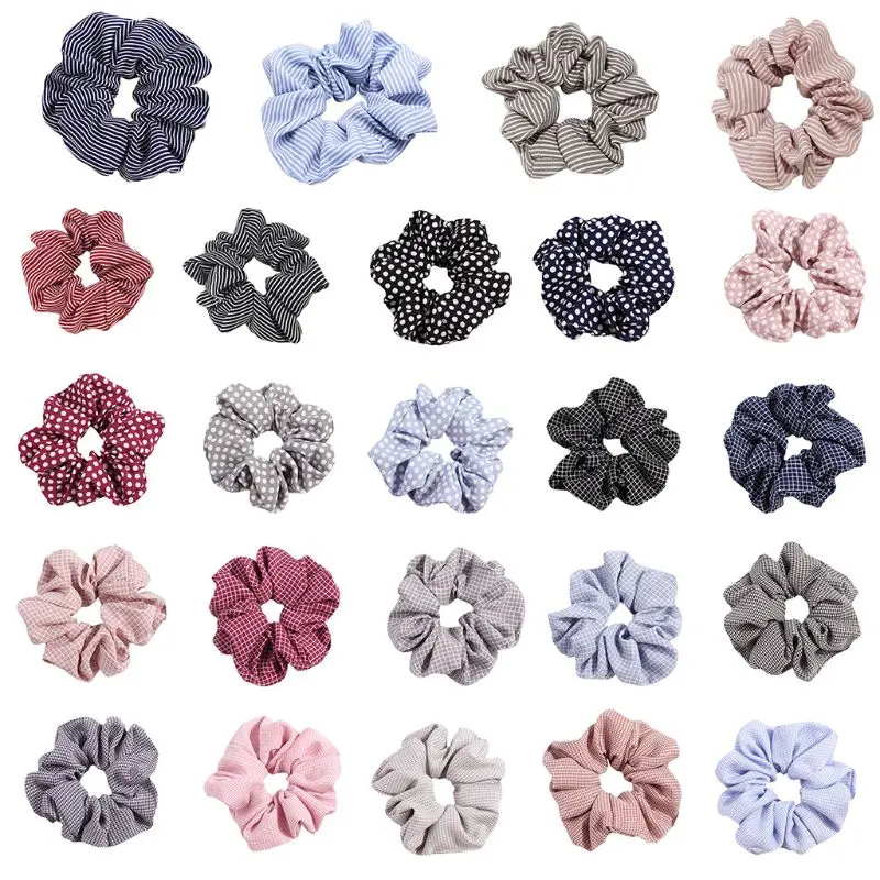 

24 Colors Fresh Country Style Women Hair Rope Striped Polka Dot Plaid Pattern Elastic Ponytail Holder Large Intestine Scrunchies
