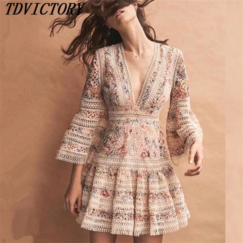 

New Fashion 2019 Autumn Runway Dress Brand A Line Luxury Embroidery Dress Women's Flare Sleeve V Neck Hollow Out Lace Dress