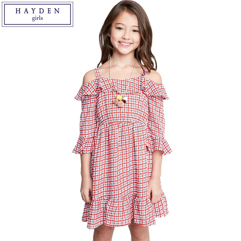

HAYDEN Girls Plaid Off Shoulder Dress 2018 Spring Summer New Teenager Girls Chiffon Dress Size 10 12 14 Years Kids Ruffled Dress