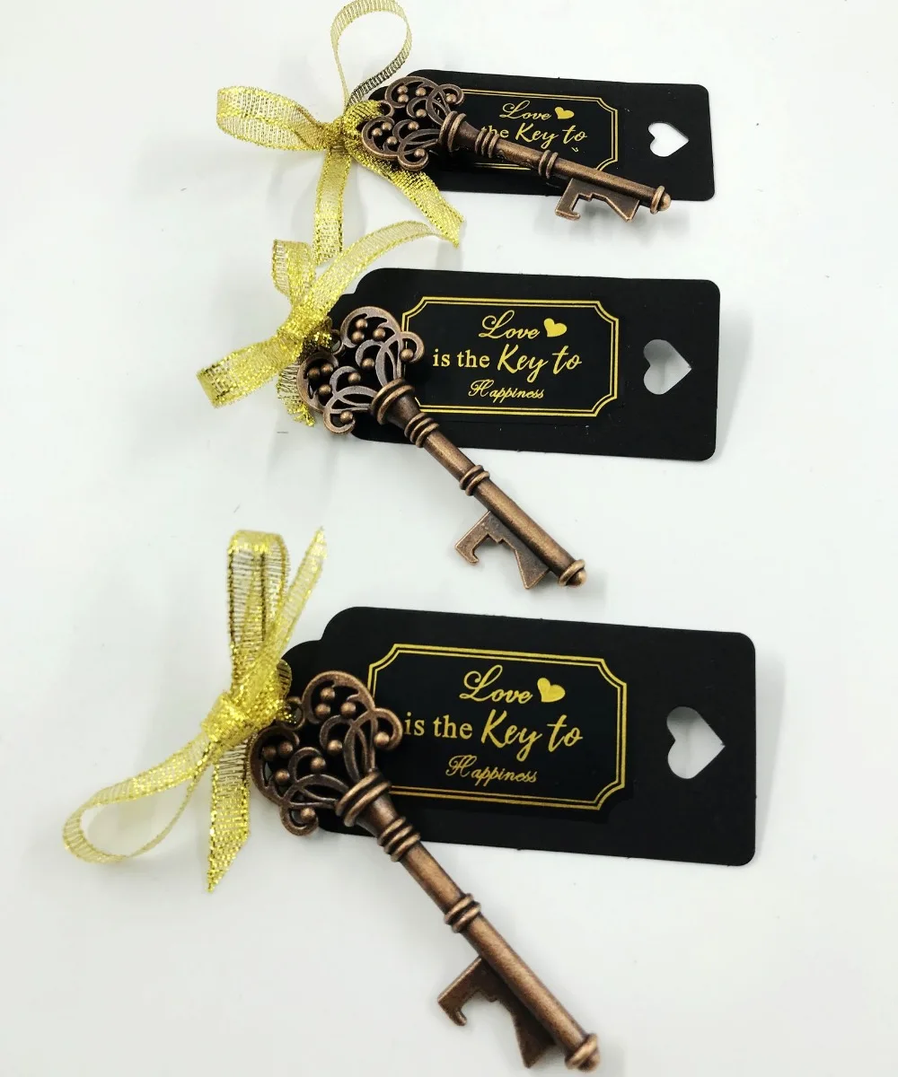 Skeleton Key Shaped Bottle Openers With Tags Card Gold Ribbon