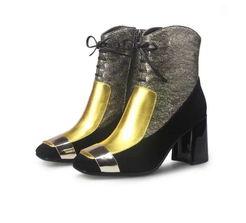 

Autumn and winter new fashion metal leather square head splice high and short tube front tethered Martin boots