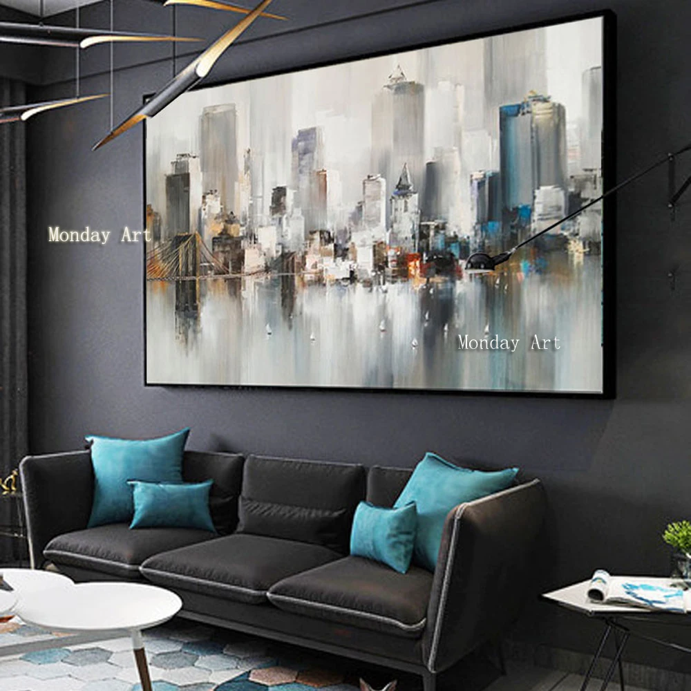 Hand-Palette-Knife-Painting-Art-Oil-Painting-On-Canvas-Abstract-Landscape-European-Building-Picture-Painting-Home