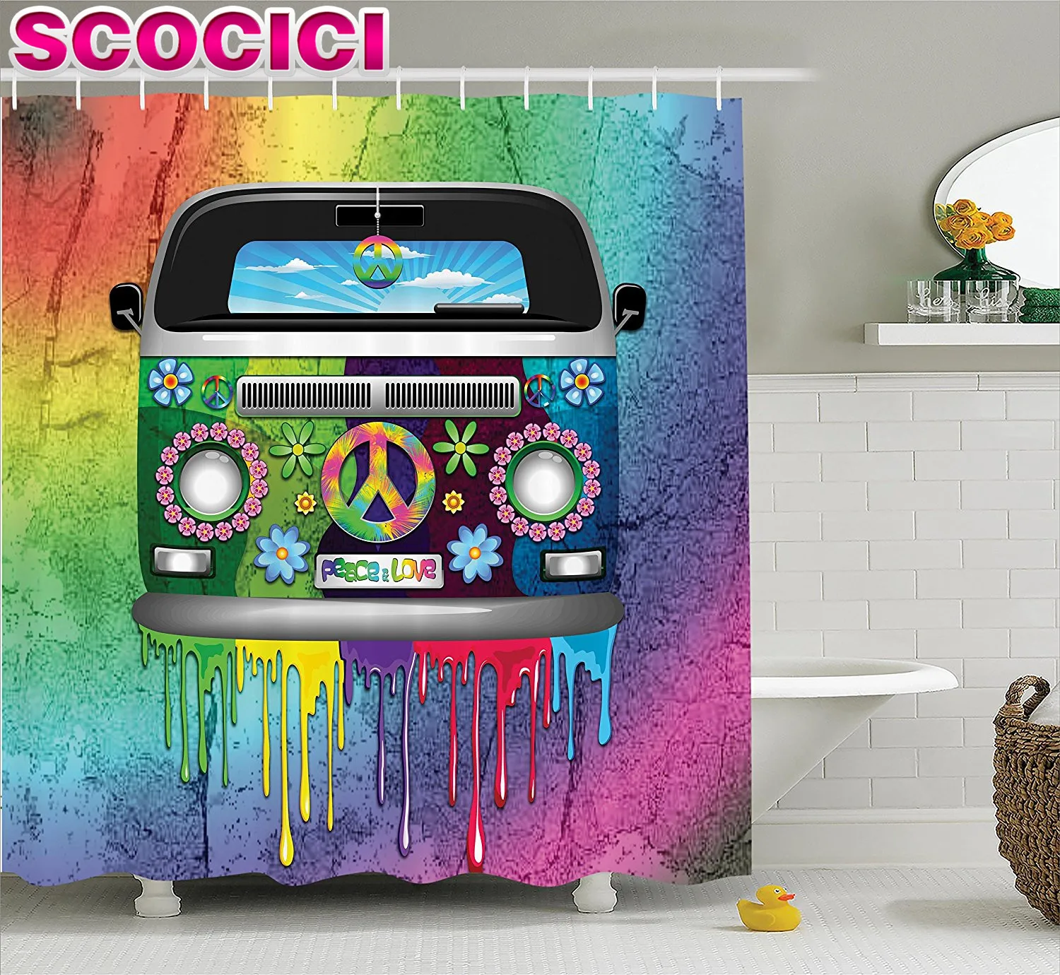 Groovy Decorations Shower Curtain Set Old Style Hippie Van with Dripping Rainbow Paint Mid 60s Youth Revolution Movement Theme B | Дом и сад