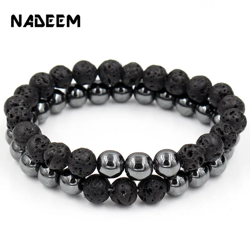

Fashion Set of 2 Couple Punk Beads Bracelet Set Lava & Hematite Beads Stone Bracelet Sets Women Men Jewelry Gift for Him pulsera