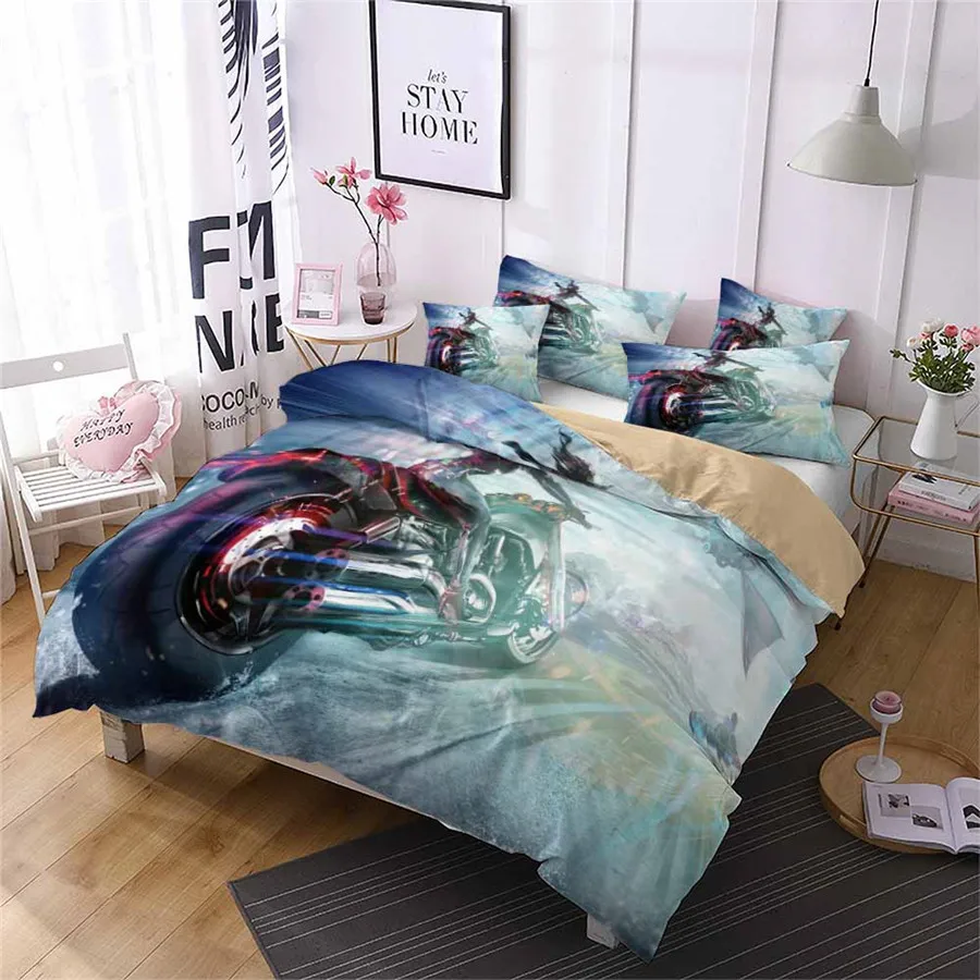 HELENGILI 3D Bedding Set Motorcycle Print Duvet Cover Set Bedcloth with Pillowcase Bed Set Home Textiles#MTC-08