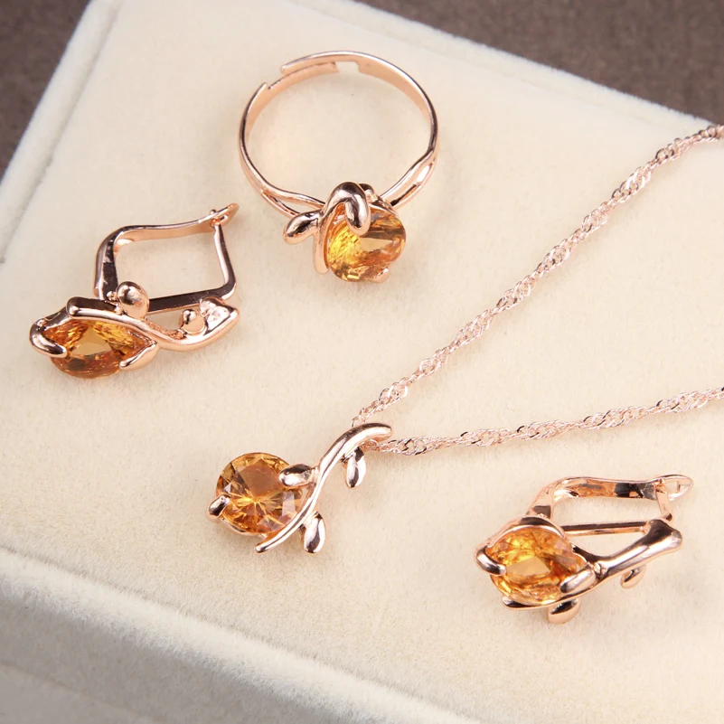 

2019 Jewelry sets african bridal gold color necklace earrings Ring wedding Yellow crystal women fashion jewellery set for women