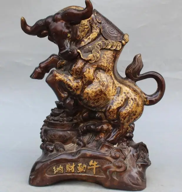 

S5066 16" Marked Chinese Bronze Gilt FengShui Wealth Animal Bull Oxen Cattle Ox Statue
