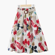Юбка с цветочным принтом летняя с высокой талией Женская винтажная миди льняная Юбка Saia с поясом Boho Empire пляжная юбка Faldas Jupe Femme