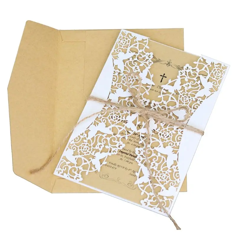  10pcs/set Laser Cut Hollow Wedding invitations Cards Lace Hemp Rope Invite Envelopes Kits For Engag - 33046230037