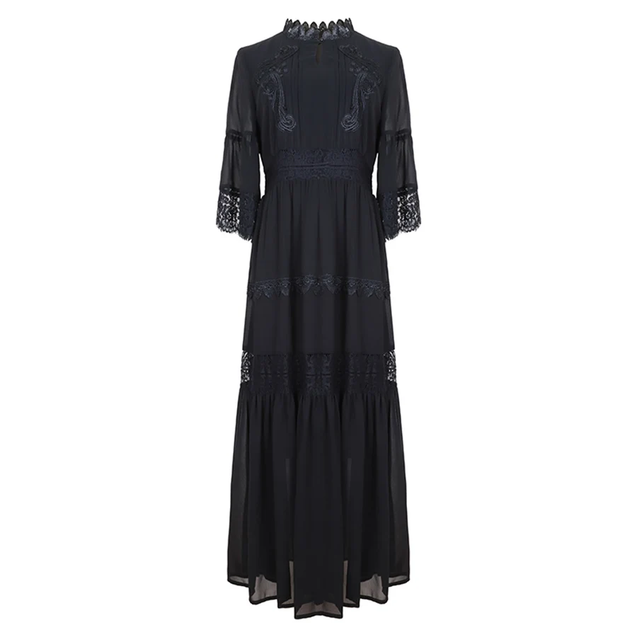 

VERDEJULIAY Runway Lace Black Dresses Women 2019 Summer Autumn Half Sleeve Flower Embroidery White High Quality Long Dress