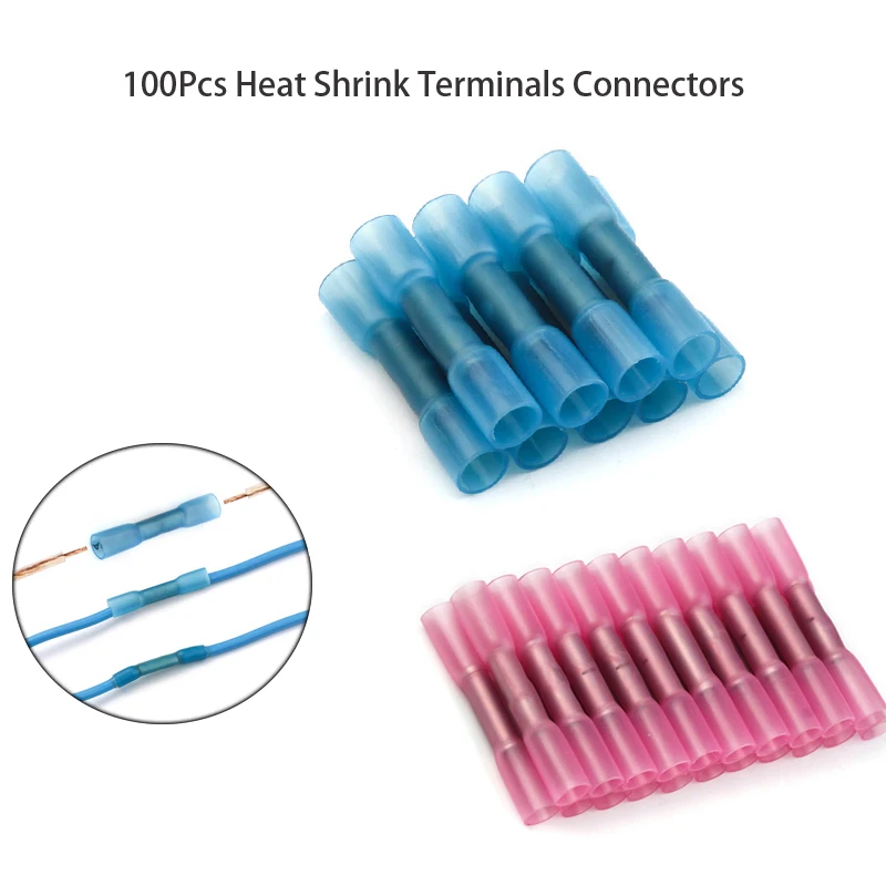 

100Pcs/Set Insulated Heat Shrink Butt Connectors Electrical Wire Splice Cable Crimp Terminals 22-14 AWG Red Blue Assortment Kit