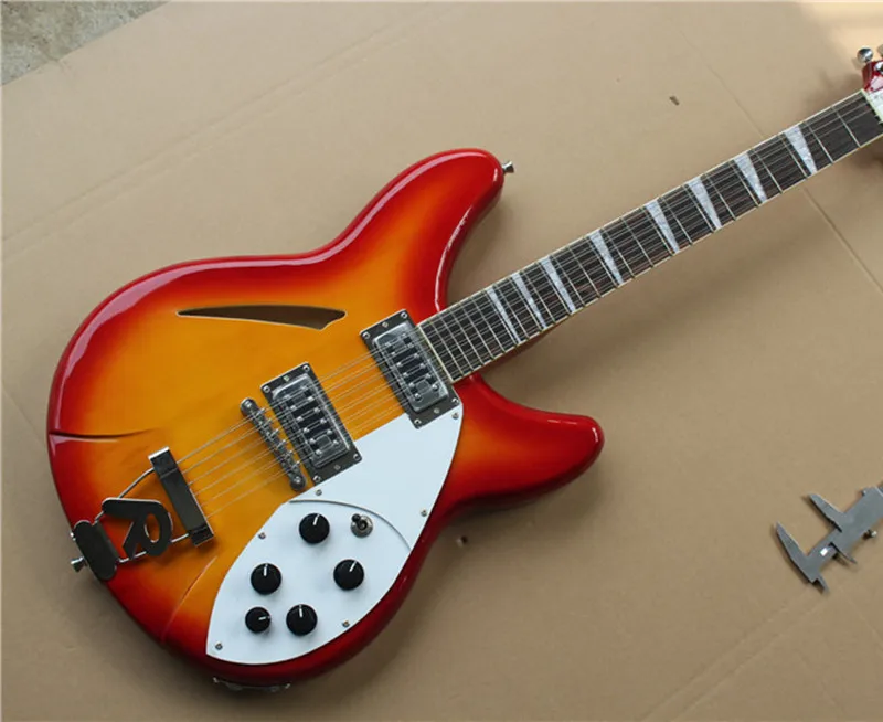 12 String Electric Guitar,Cherry Sunburst Color,Semi hollow Body,White