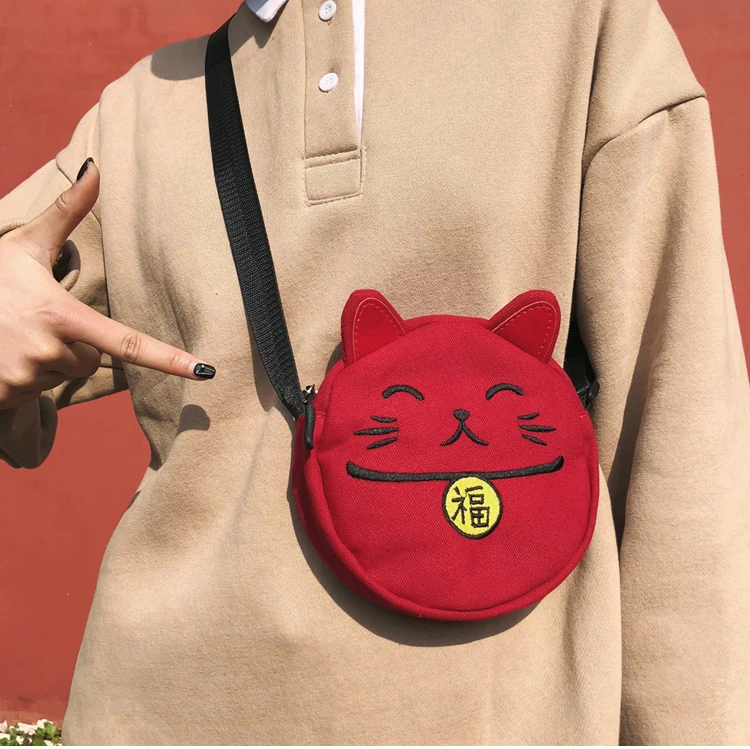 Menghuo Cute Fortune Cat Face Women Bag Baby Girls Cartoon Mini Shoulder Bag for Women NEW CrossBody Bags Lady Canvas Handbags_01