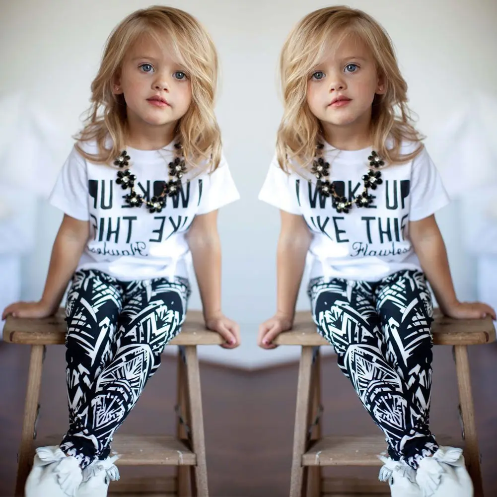 

2017 Summer New Kids Short Sleeve Outfits Set Baby Girls Letter Cotton T-Shirt Tops + Zebra Stripe Pants