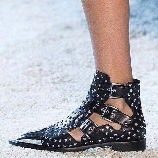

Rivets Buckles Women Ankle Boots Plus Size Genuine Leather Pointed Toe Metal Studs Luxury Brand Buckle Belt Woman Flat Shoes