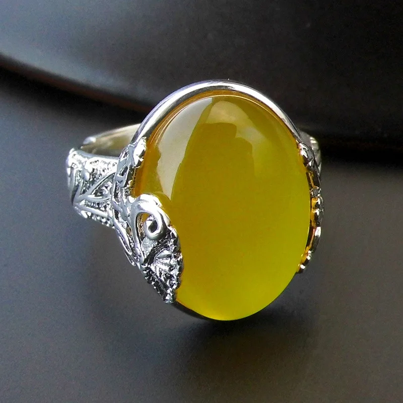 

FNJ Punk Natural Yellow Stone Flower pattern S925 Thai Silver Ring 100% Pure 925 Sterling Silver Rings for Women Jewelry LR89