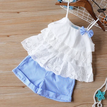 

2019 New Kid Clothes Summer Baby Girls Clothing Set Bow Lace Sling T-Shirt+Striped Short Pants Suit Children Clothes