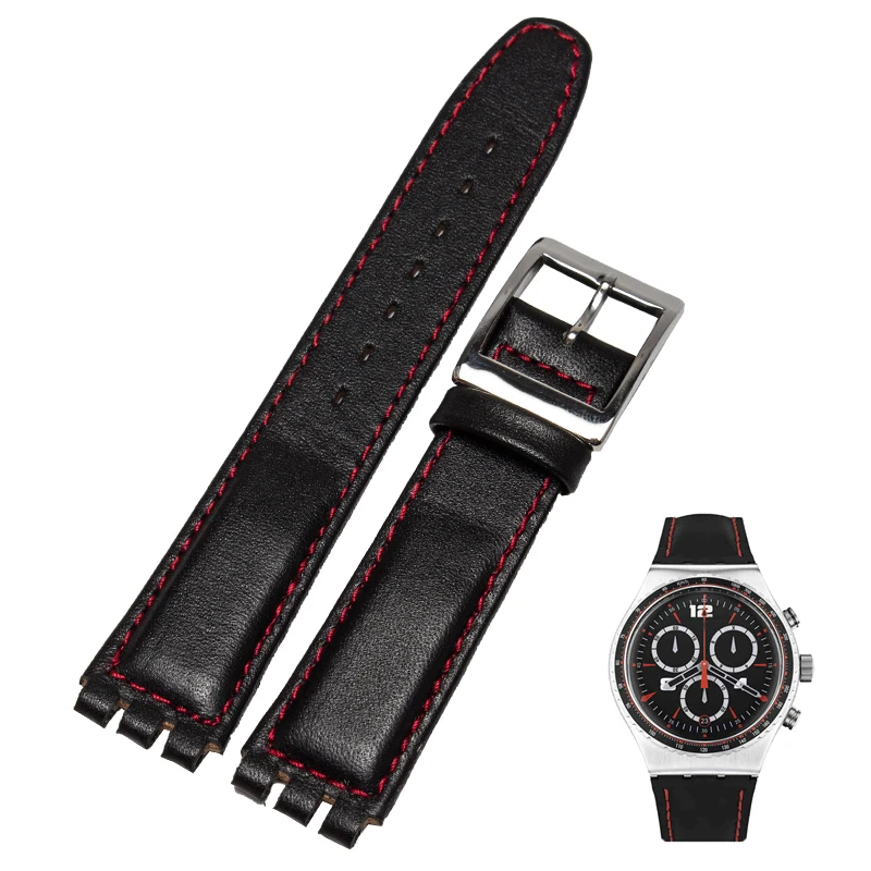 

Black red line 17mm genuine leather strap watchband for Swatch YCS YAS YGS strap soft and comfortable female strap