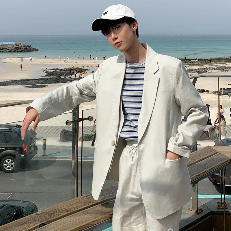 

2019 Spring And Summer New Korean Version Of High QualityComfortableHarajukuCotton Loose Solid Color Work Casual Large Size Suit