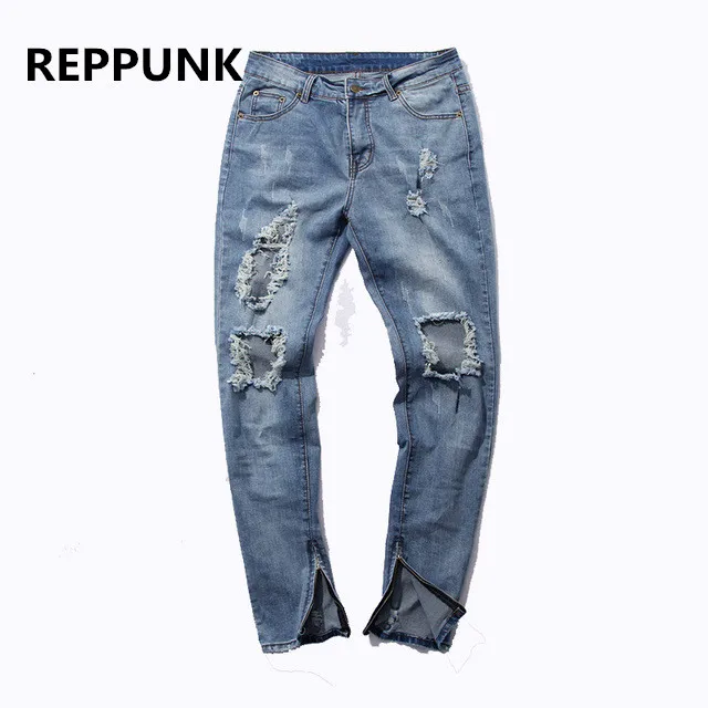 

2017 Side Zipper Design Stretch Ripped Men Jeans Hip Hop Slim Fit Brand Demin Destroyed Trousers Size 30-36 Blue Swag PANTS